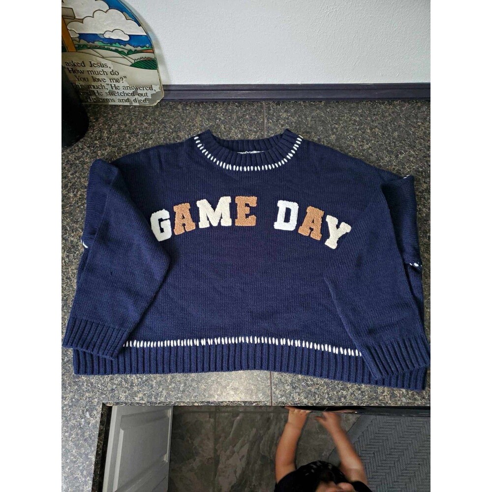 Jessica Simpson Game Day Navy Knit Pullover Sweater Crew Neck Embroidered M